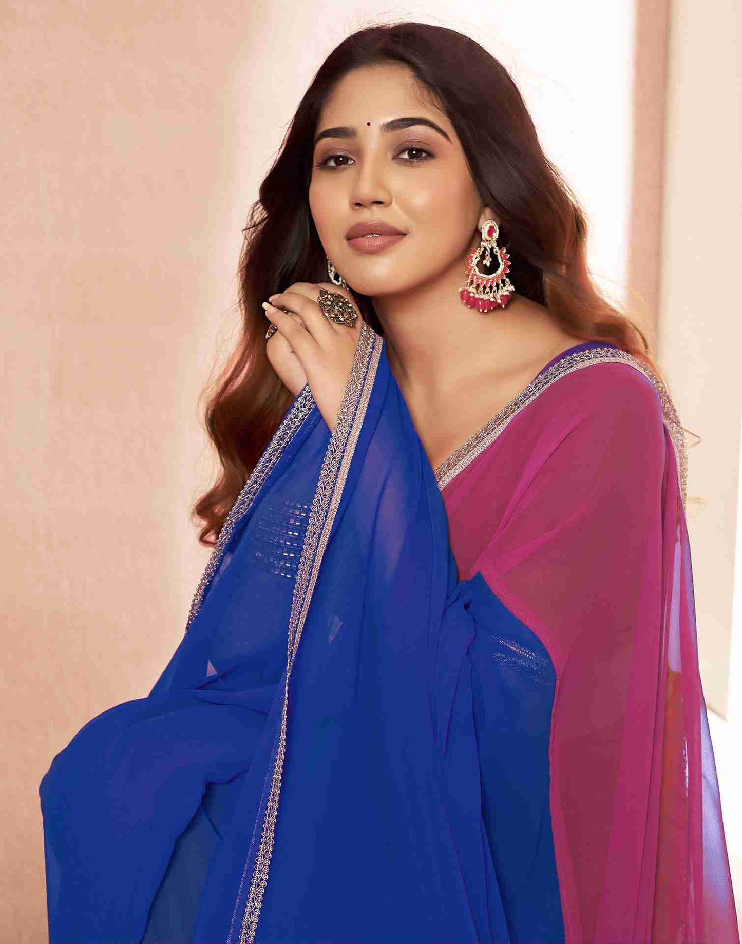 Dark Blue Georgette Plain Saree