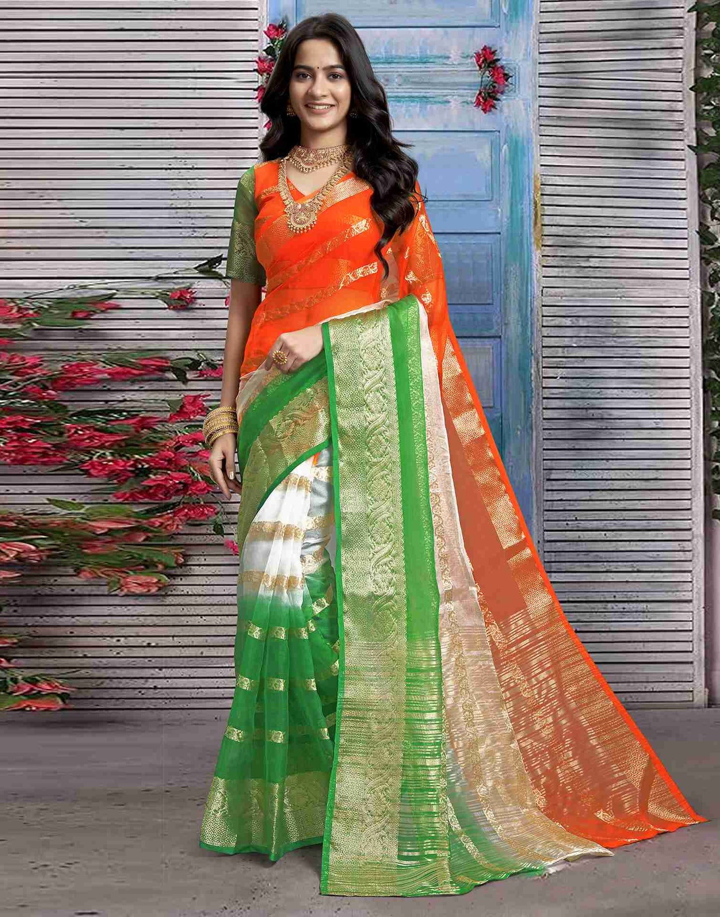 Tricolor Organza Plain Woven Tiranga Saree