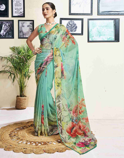Mint Green Georgette Printed Saree