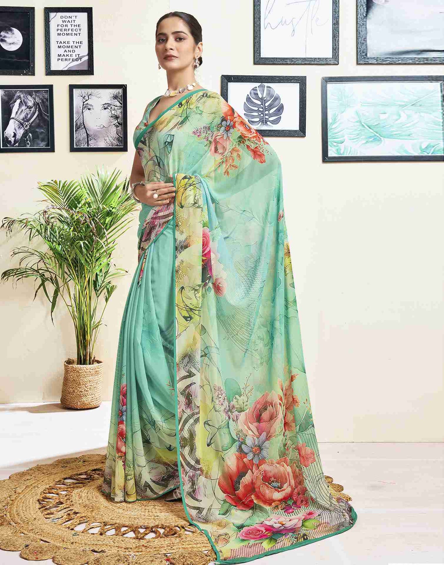 Mint Green Georgette Printed Saree