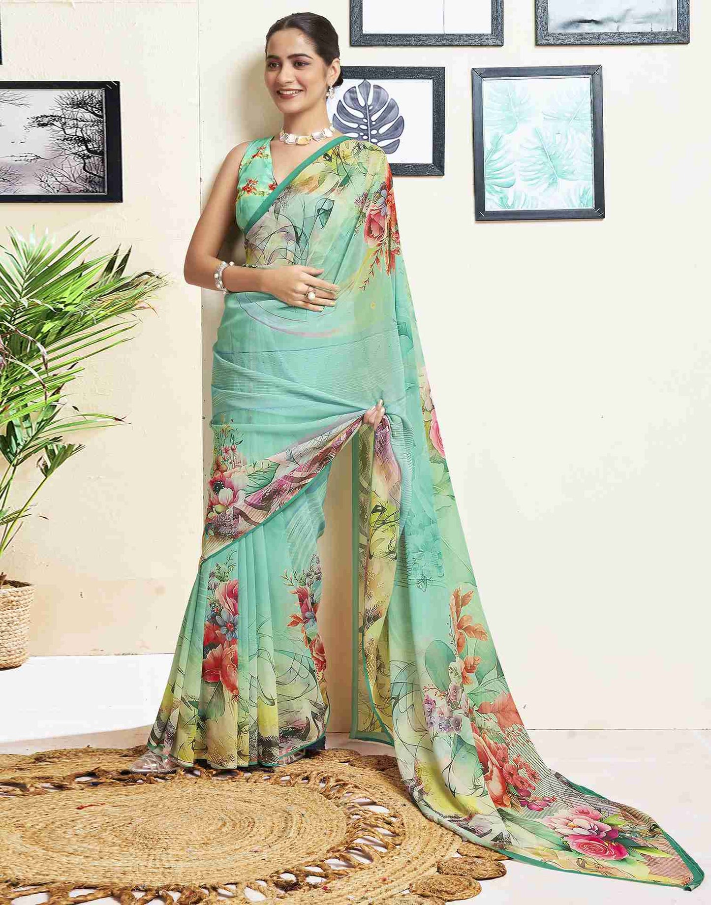 Mint Green Georgette Printed Saree