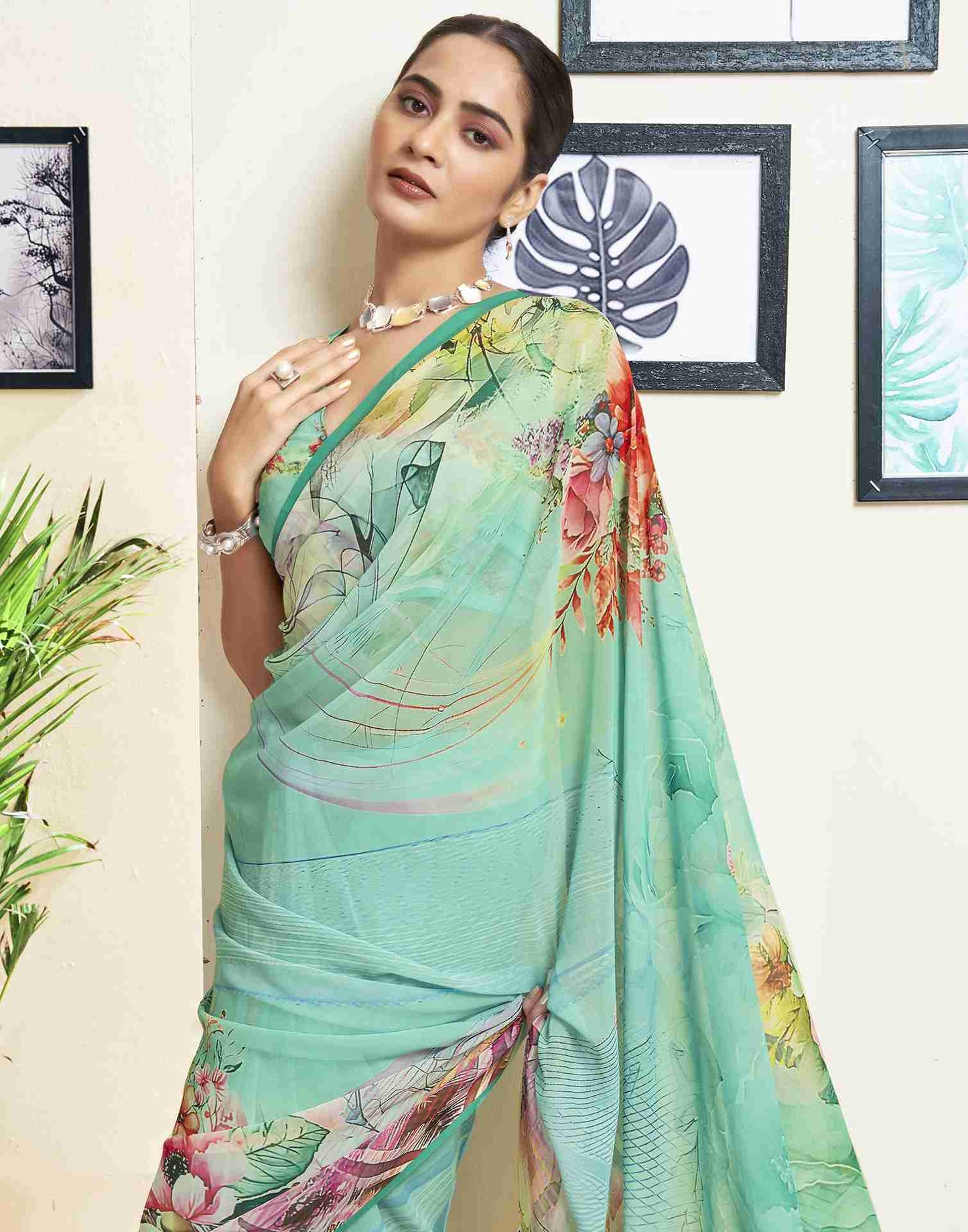 Mint Green Georgette Printed Saree
