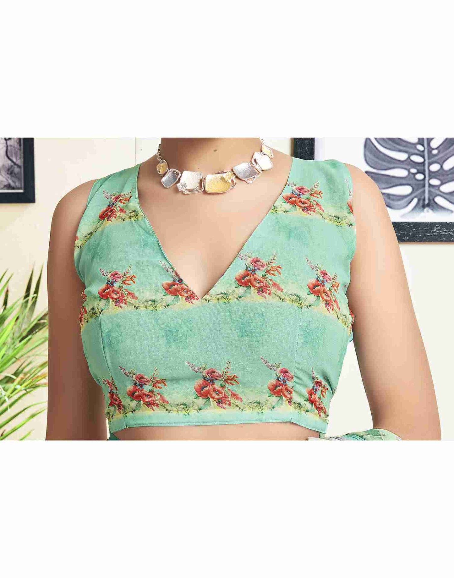 Mint Green Georgette Printed Saree