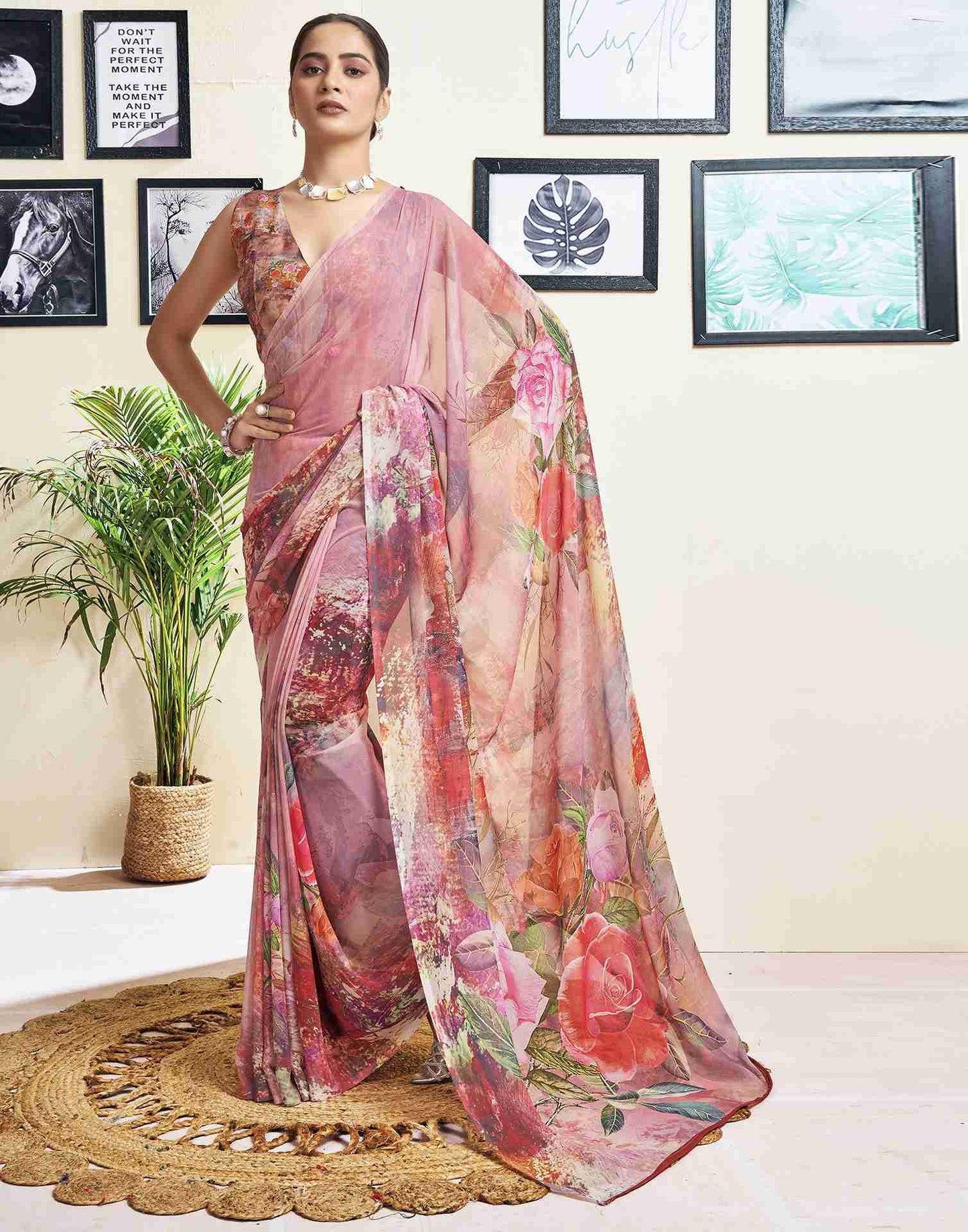 Dusty Pink Georgette Printed Saree