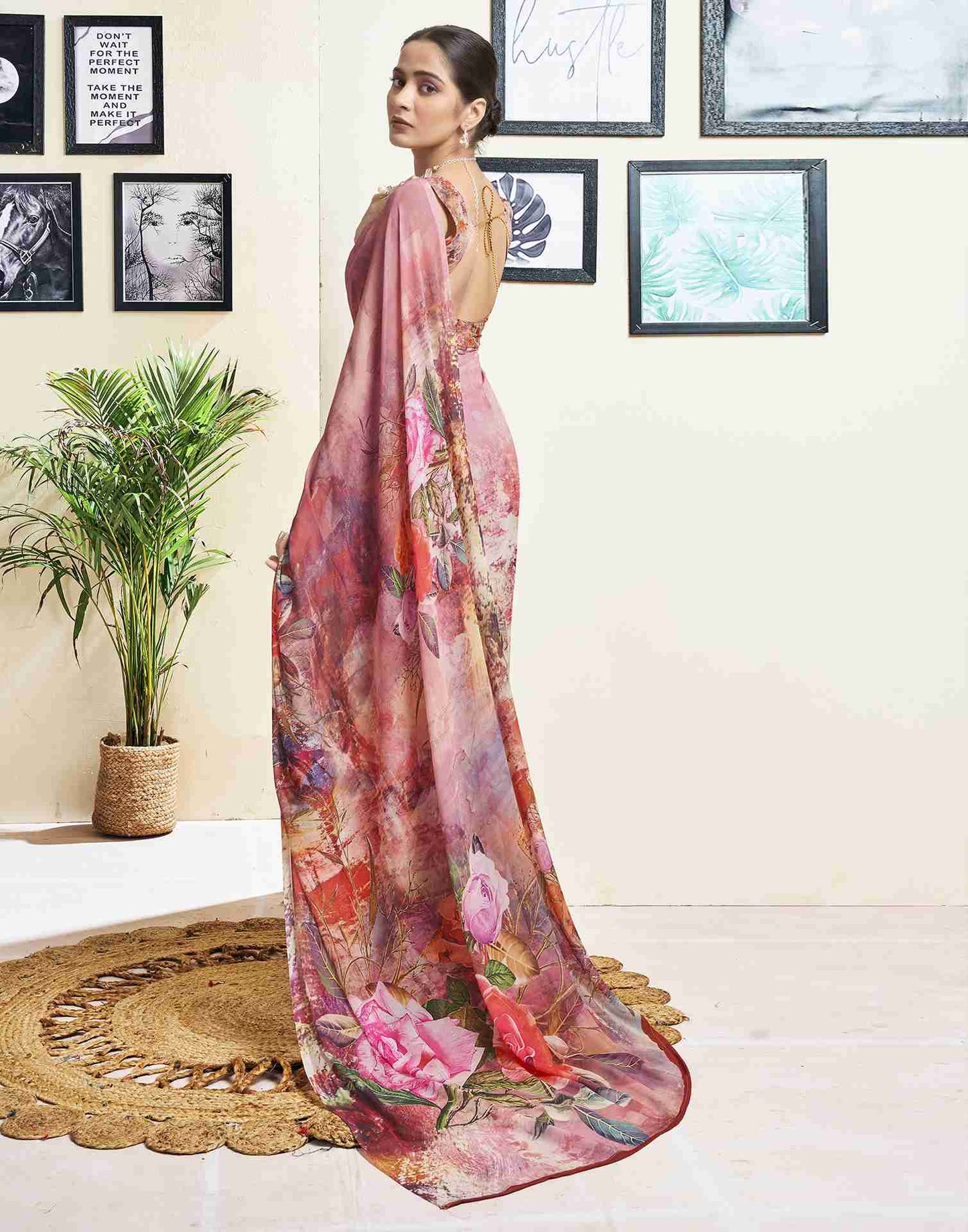 Dusty Pink Georgette Printed Saree