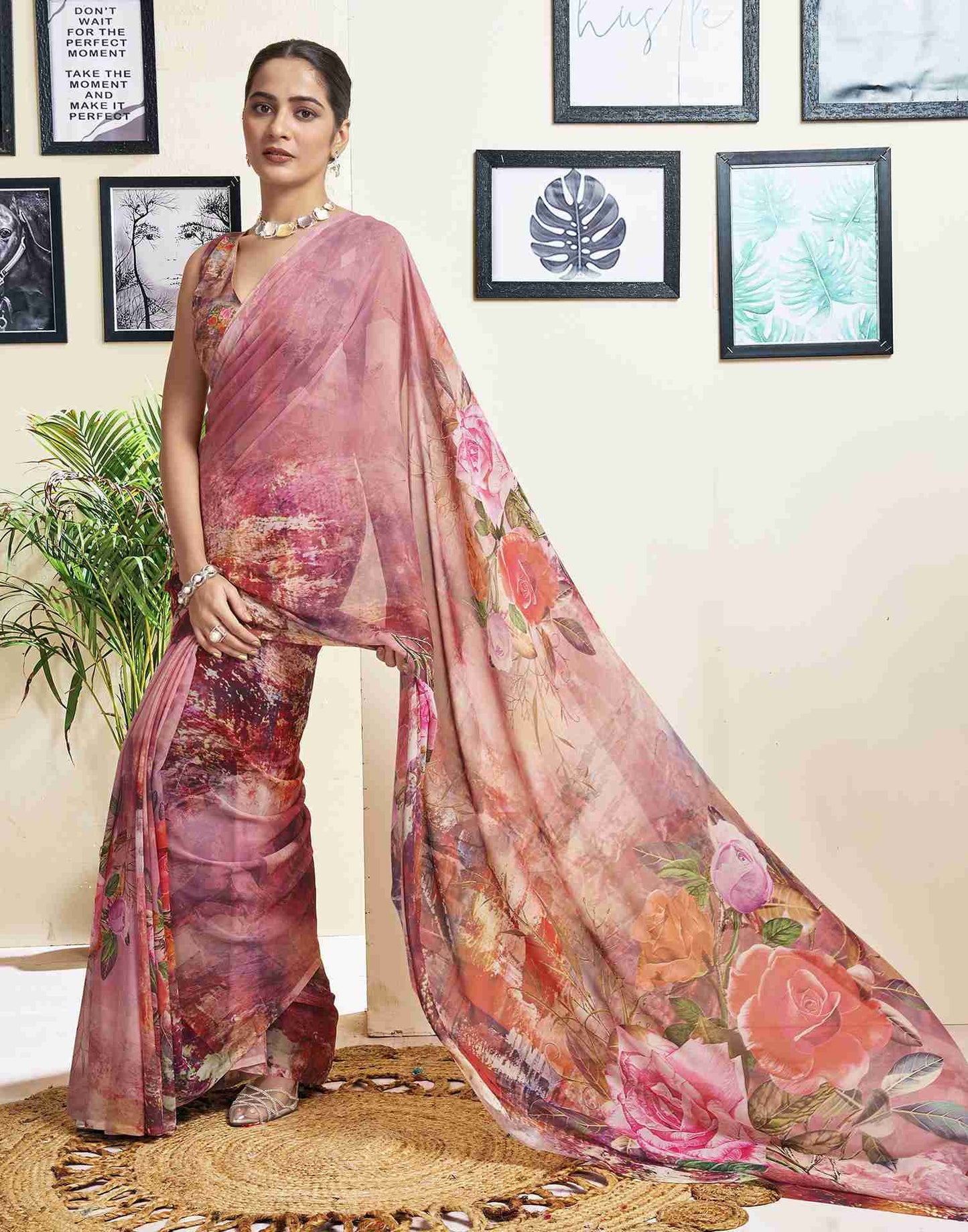 Dusty Pink Georgette Printed Saree