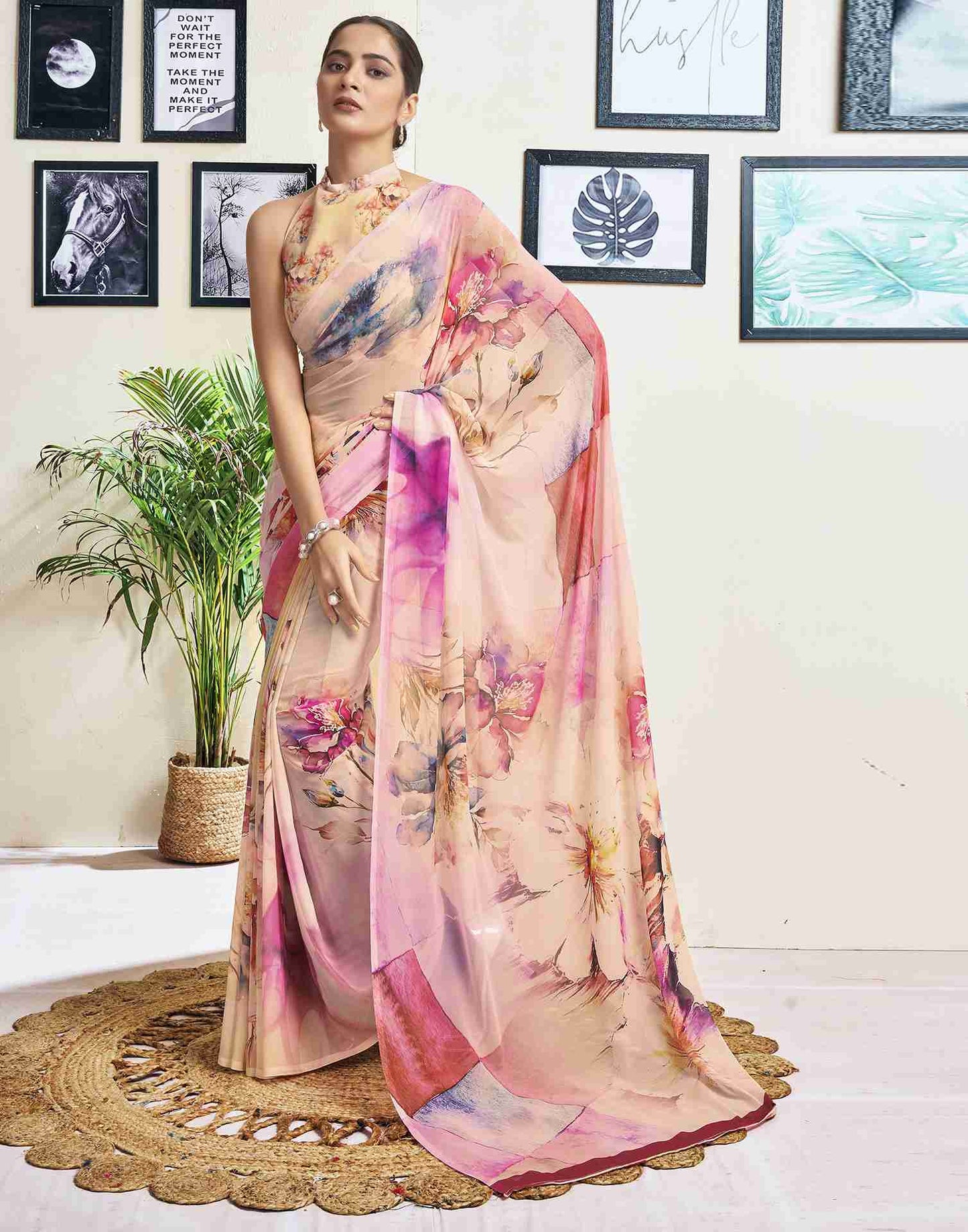 Cream Georgette Printed Saree
