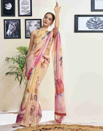 Cream Georgette Printed Saree