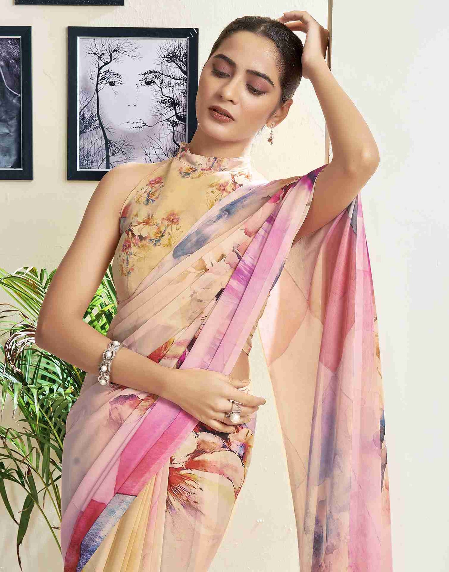 Cream Georgette Printed Saree