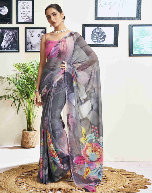 Grey Georgette Printed Saree
