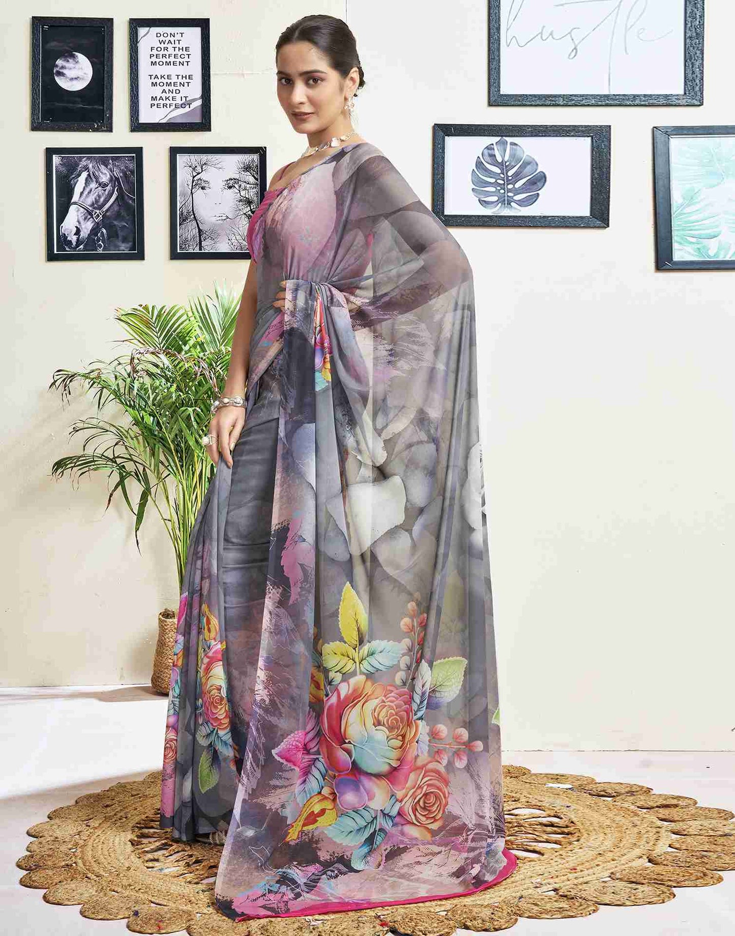 Grey Georgette Printed Saree