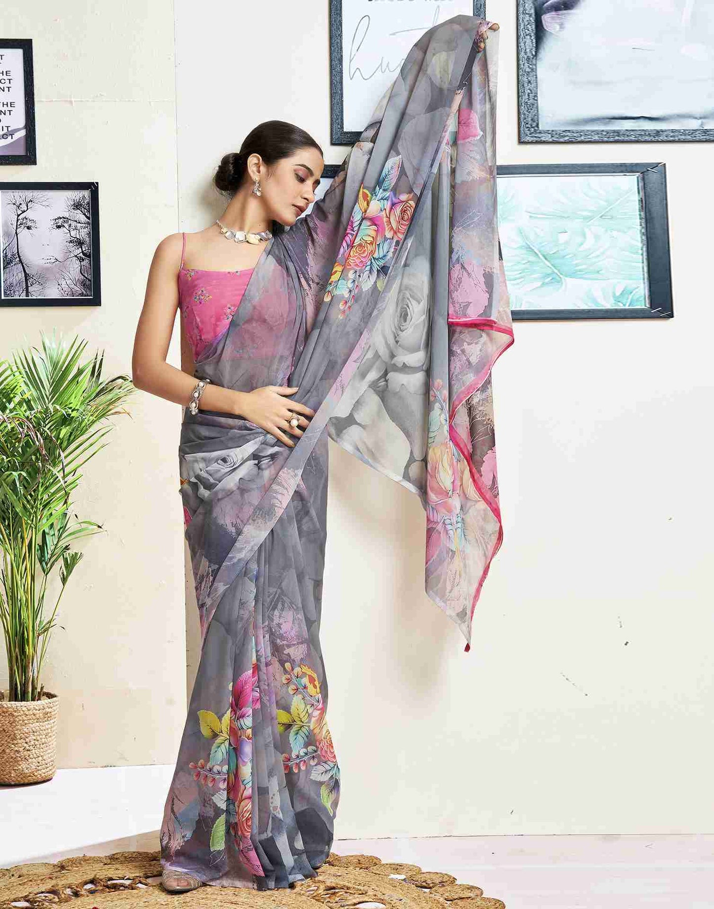 Grey Georgette Printed Saree