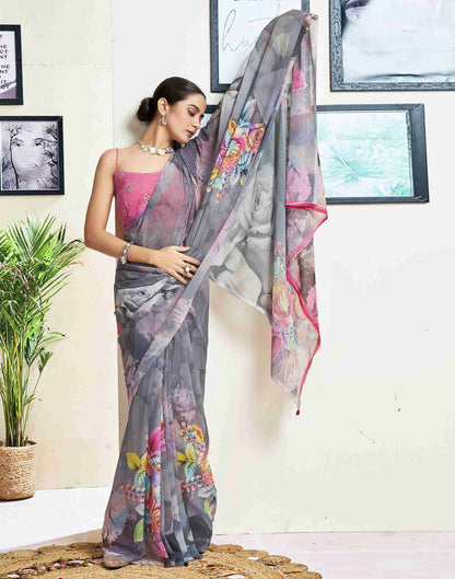 Grey Georgette Printed Saree