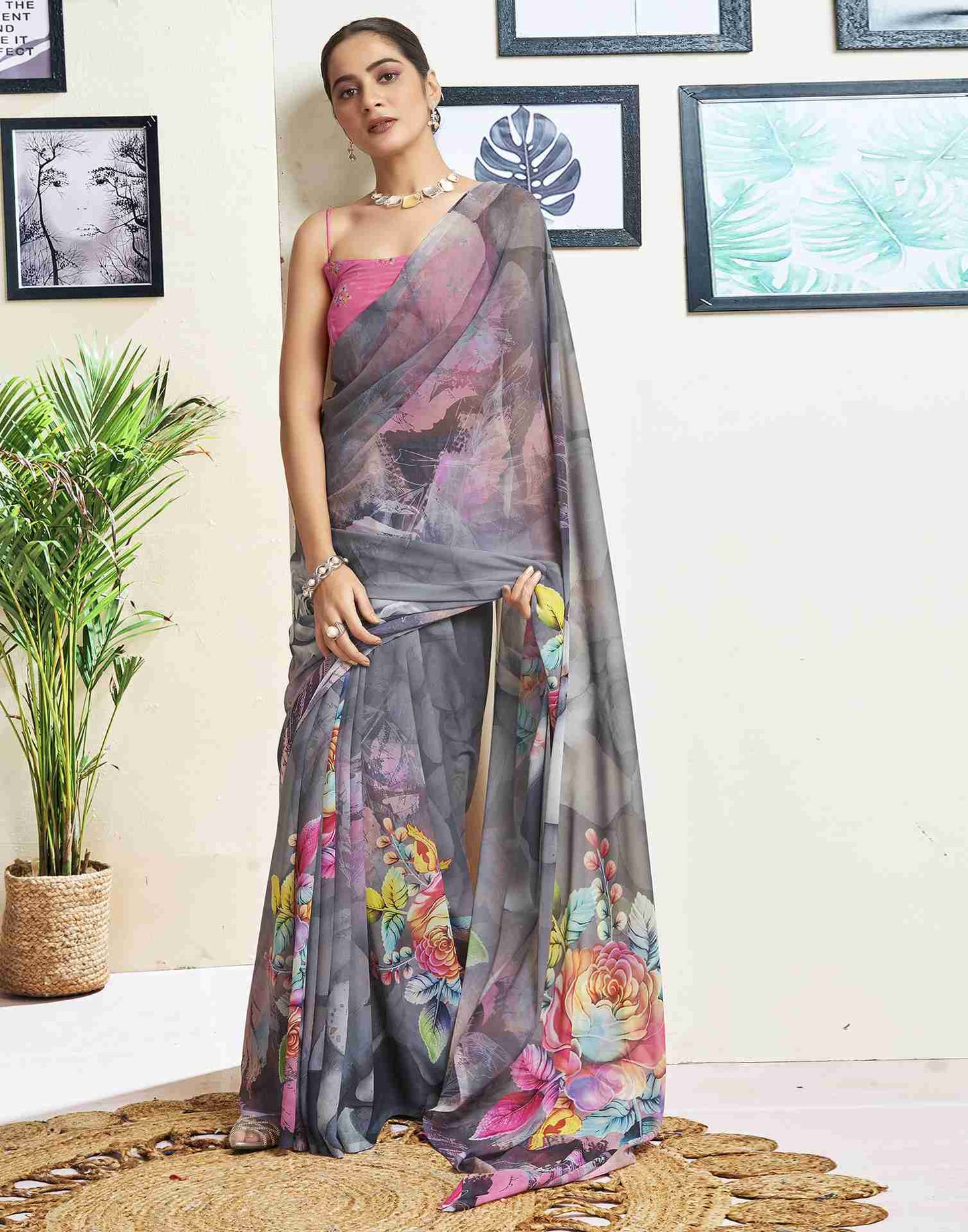 Grey Georgette Printed Saree