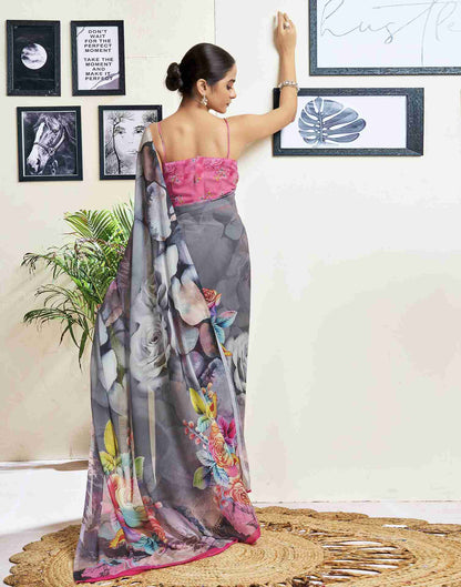 Grey Georgette Printed Saree