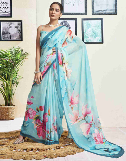 Sky Blue Georgette Printed Saree