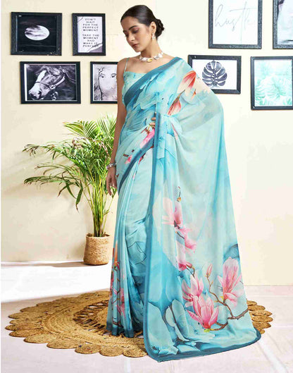 Sky Blue Georgette Printed Saree