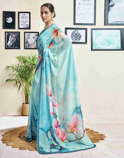 Sky Blue Georgette Printed Saree