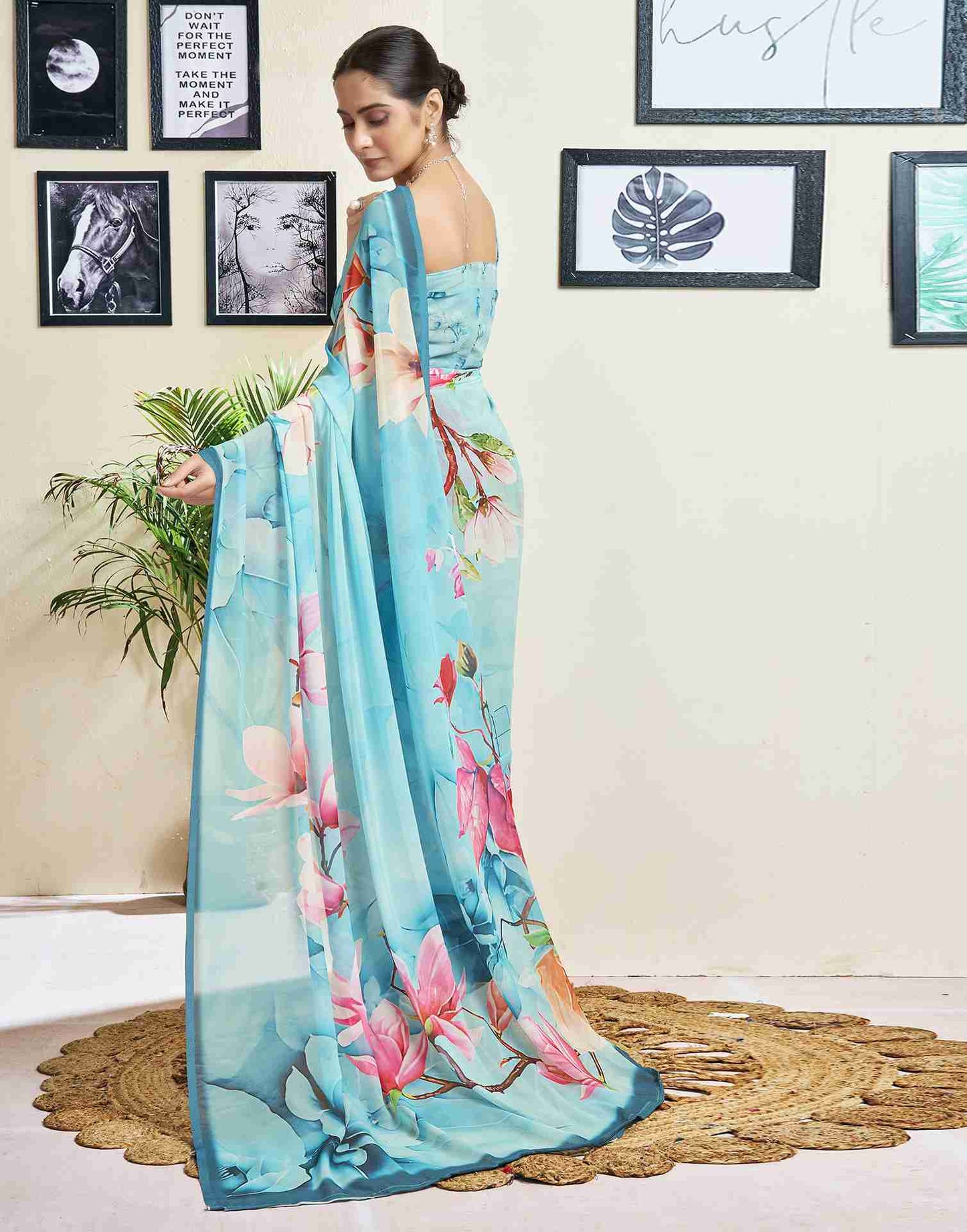 Sky Blue Georgette Printed Saree