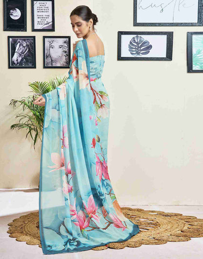 Sky Blue Georgette Printed Saree