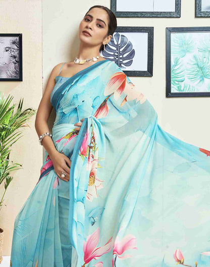 Sky Blue Georgette Printed Saree