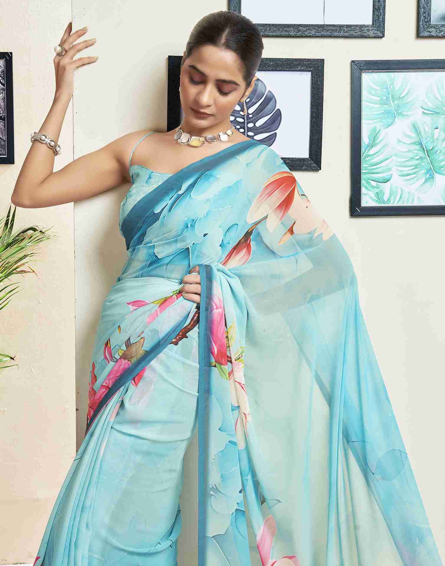 Sky Blue Georgette Printed Saree