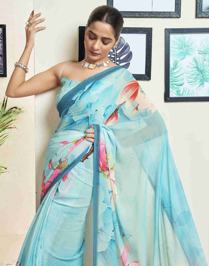 Sky Blue Georgette Printed Saree