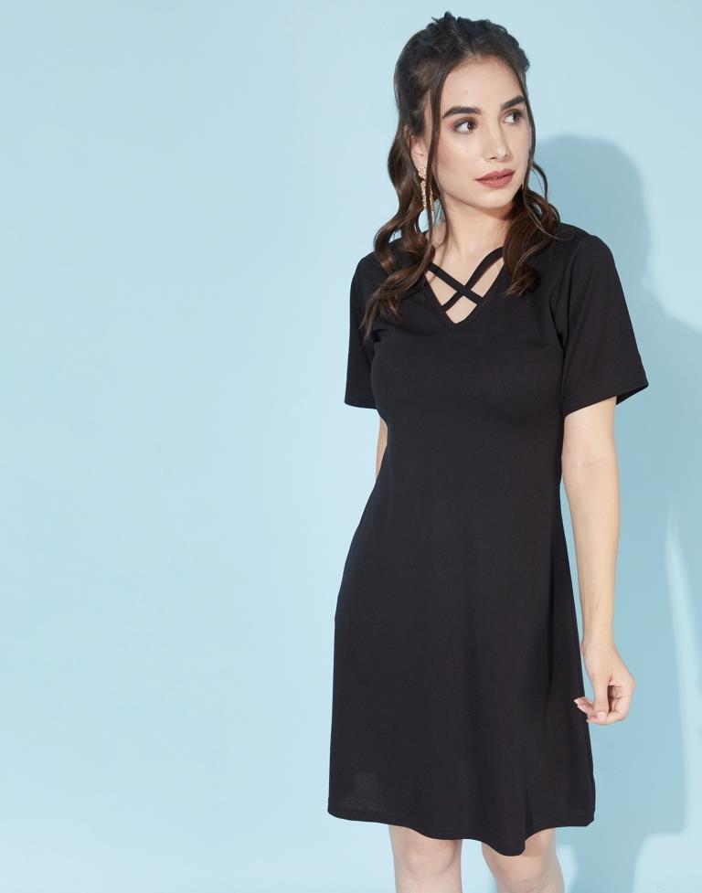 Black Deep Cris cross Neck Dress | Leemboodi
