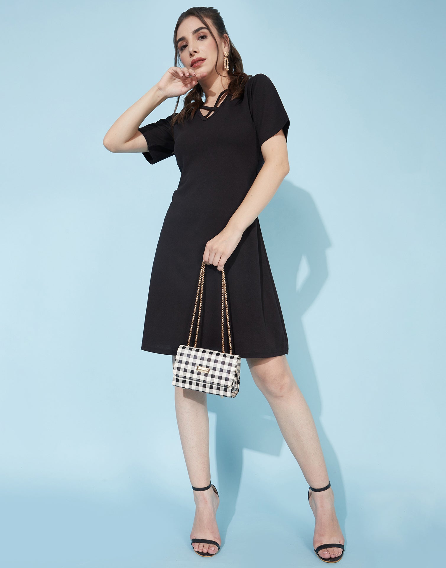 Black Deep Cris cross Neck Dress | Leemboodi