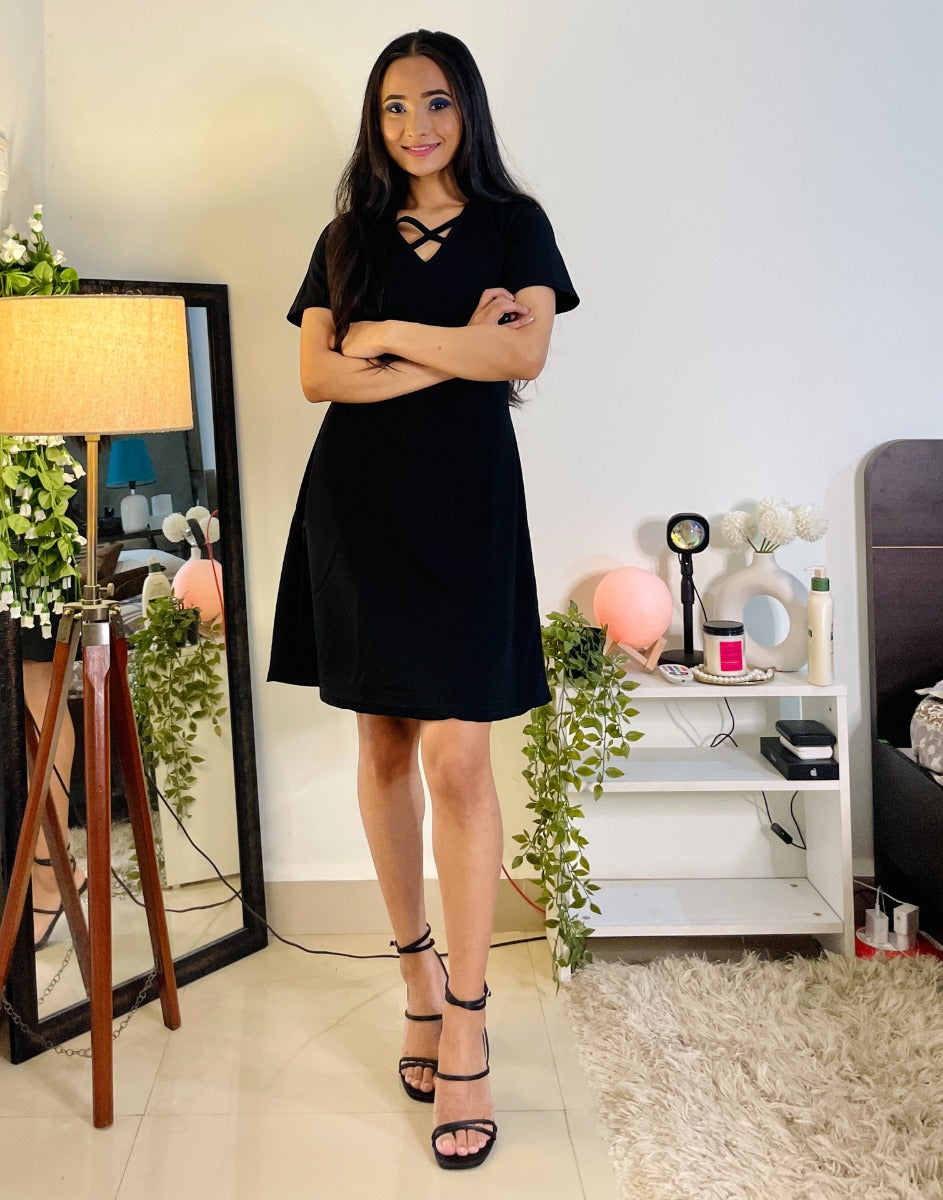 Black Deep Cris cross Neck Dress | Leemboodi