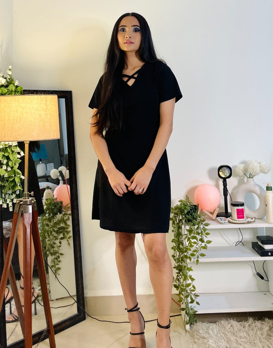 Black Deep Cris cross Neck Dress | Leemboodi