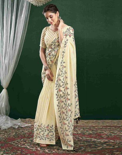 Cream Cotton Woven Printed Saree