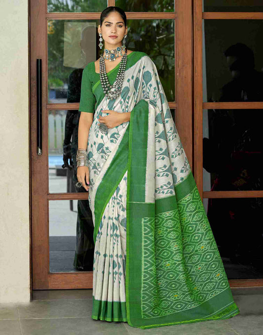 White Cotton Geometric Printed Saree