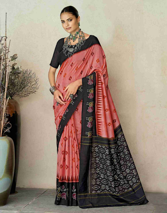 Peach Pink Cotton Geometric Printed Saree