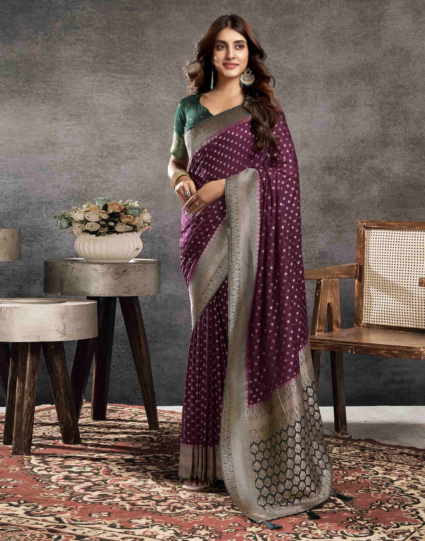 Wine Georgette Woven Banarasi Saree