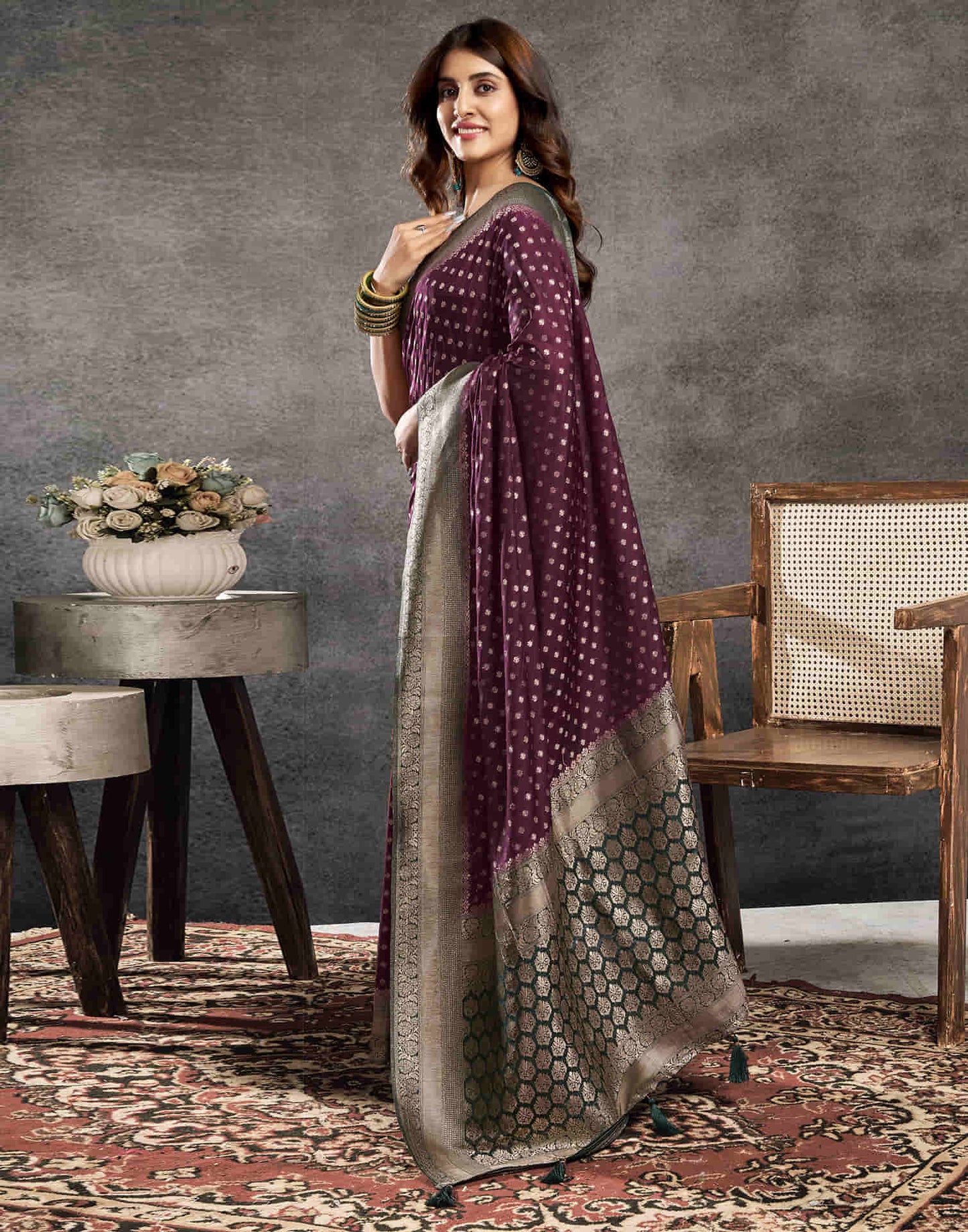 Wine Georgette Woven Banarasi Saree