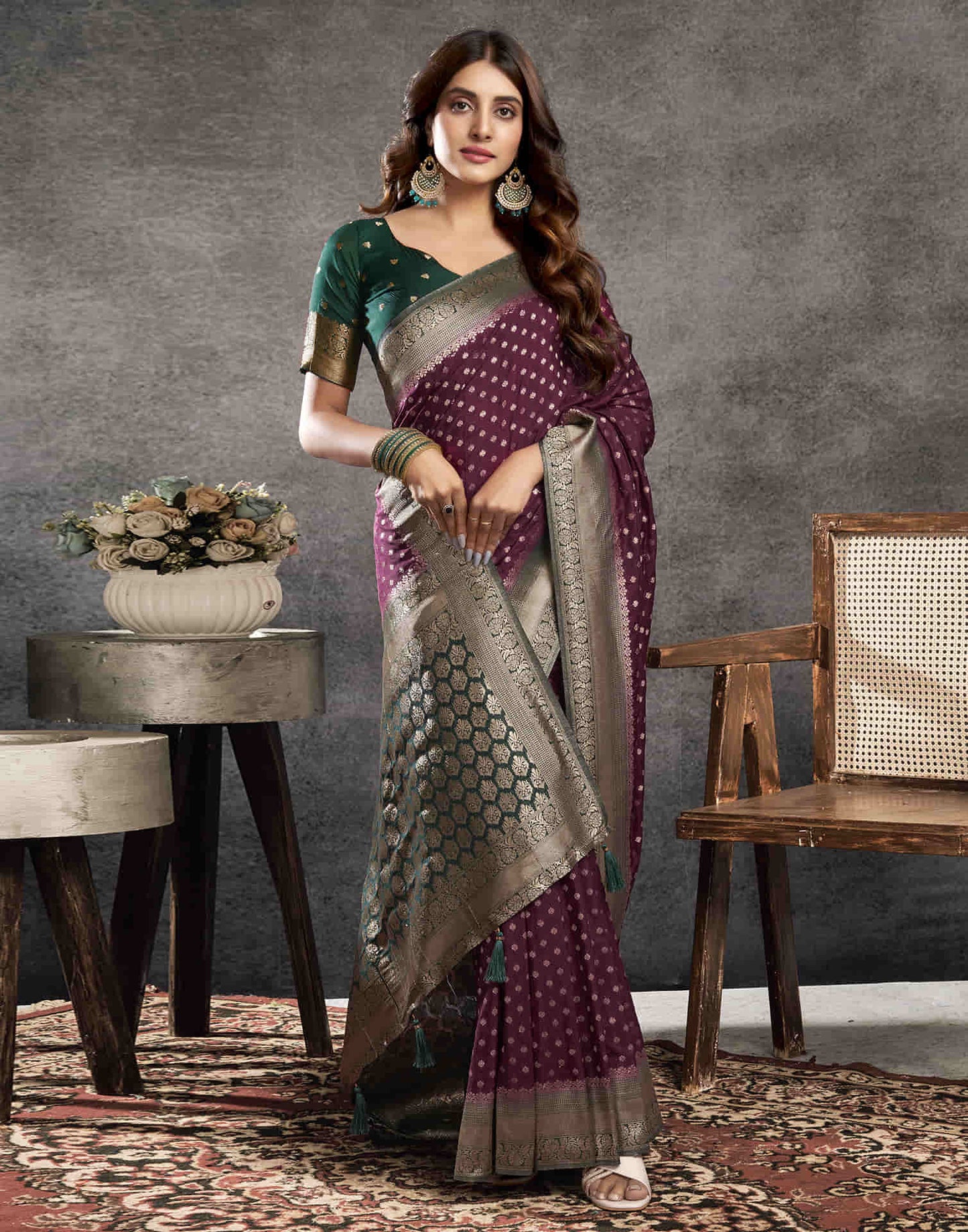 Wine Georgette Woven Banarasi Saree