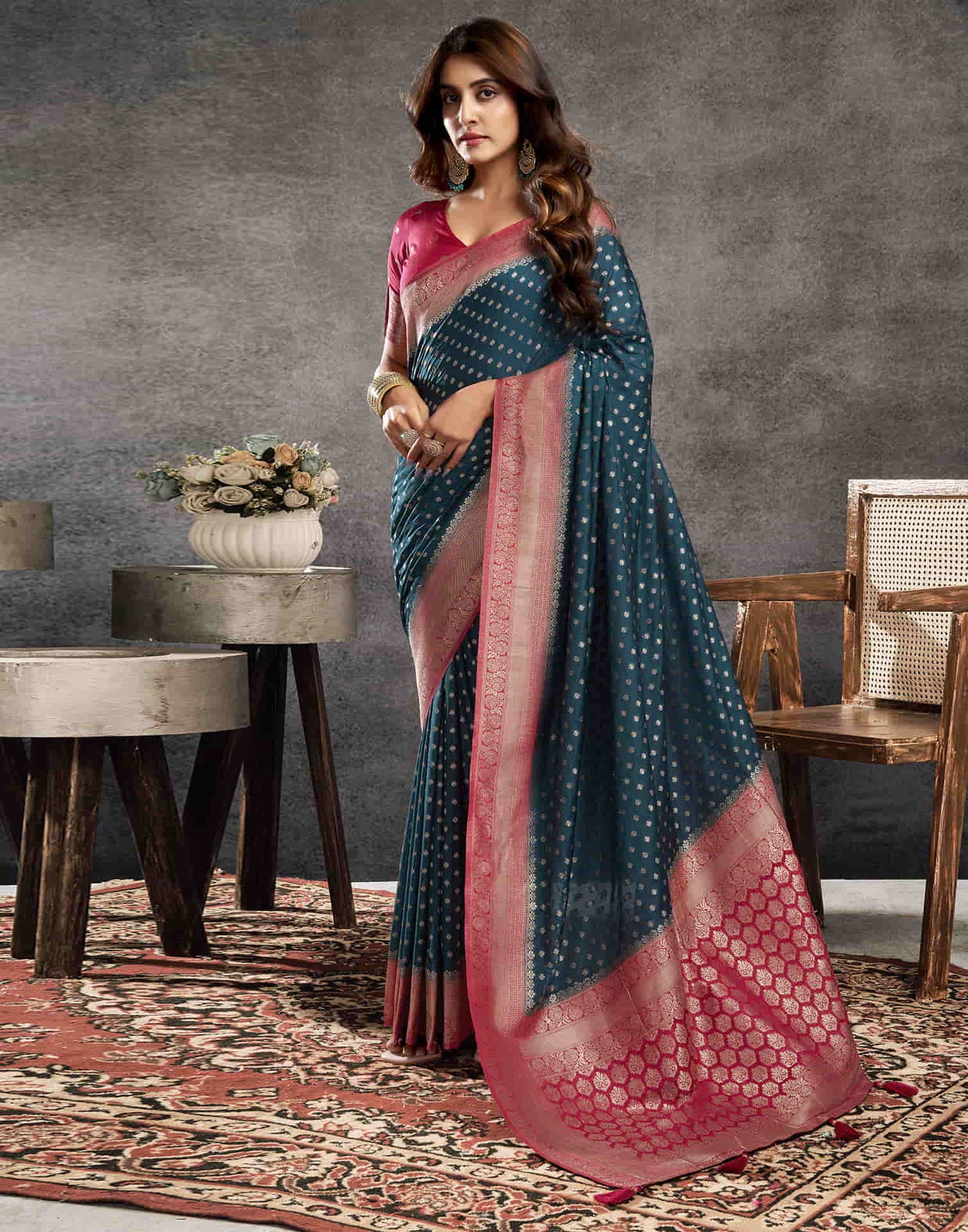 Rama Blue Georgette Woven Banarasi Saree