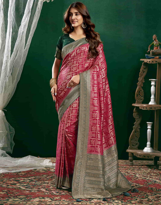 Deep Pink Satin Woven Banarasi Saree