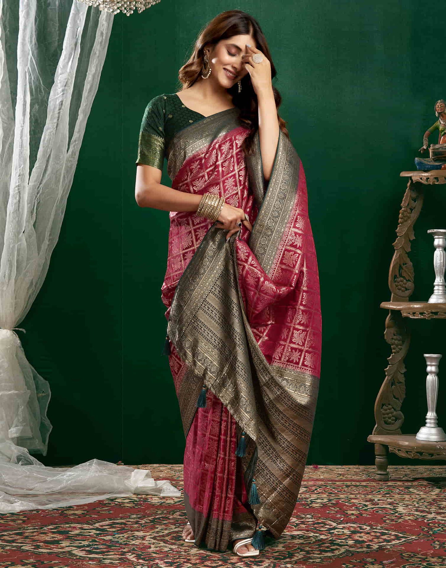 Deep Pink Satin Woven Banarasi Saree