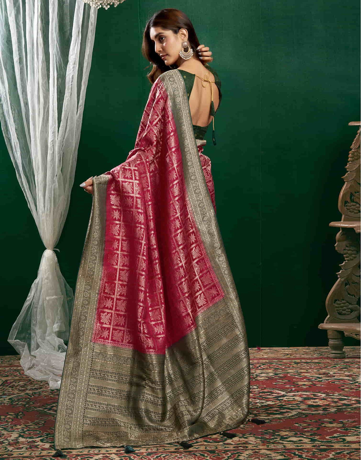 Deep Pink Satin Woven Banarasi Saree