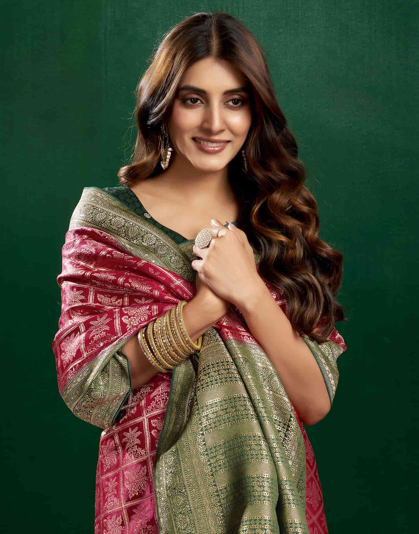 Deep Pink Satin Woven Banarasi Saree