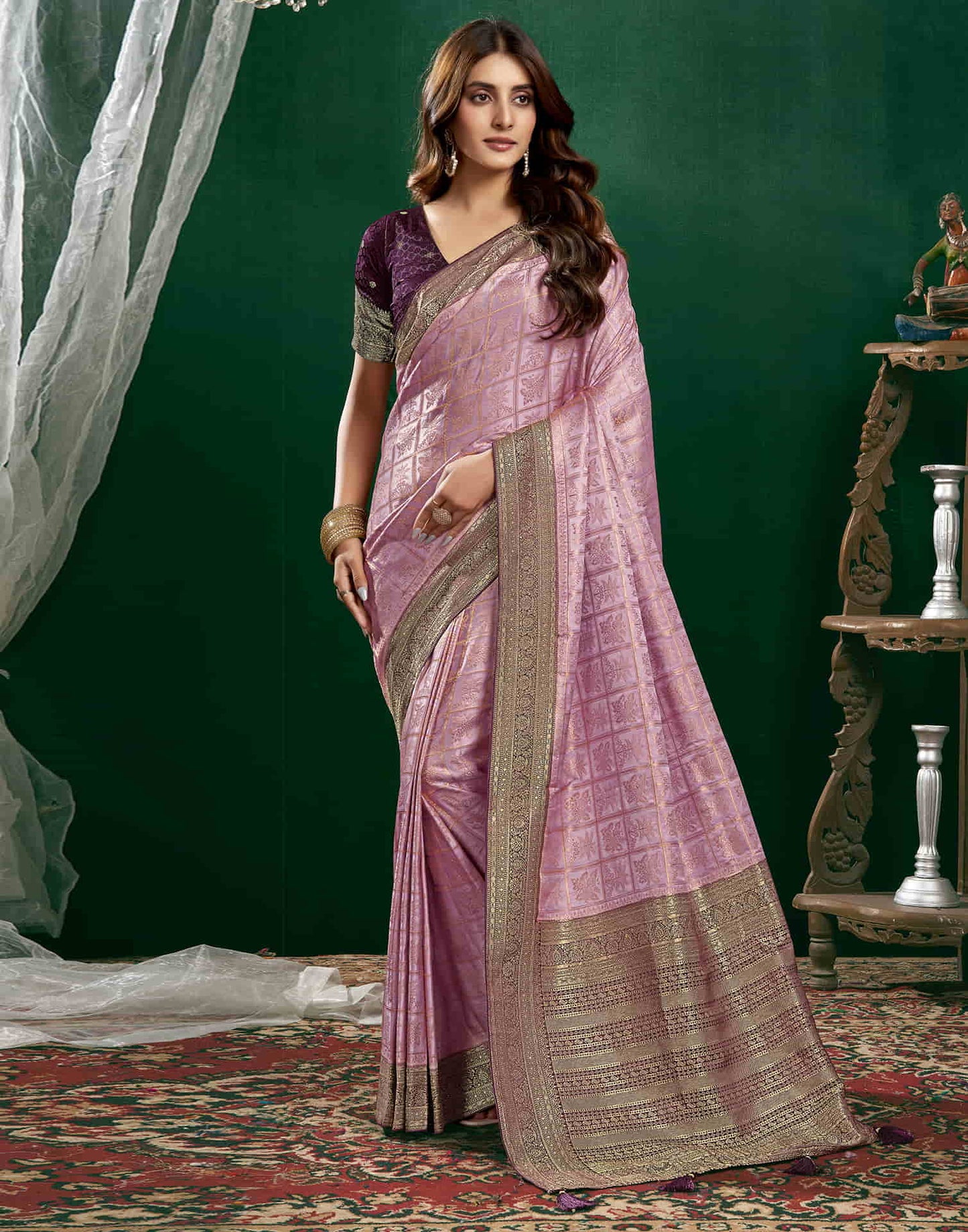 Light Purple Satin Woven Banarasi Saree