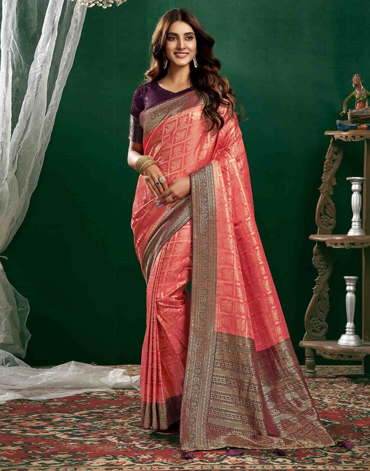 Peach Satin Woven Banarasi Saree