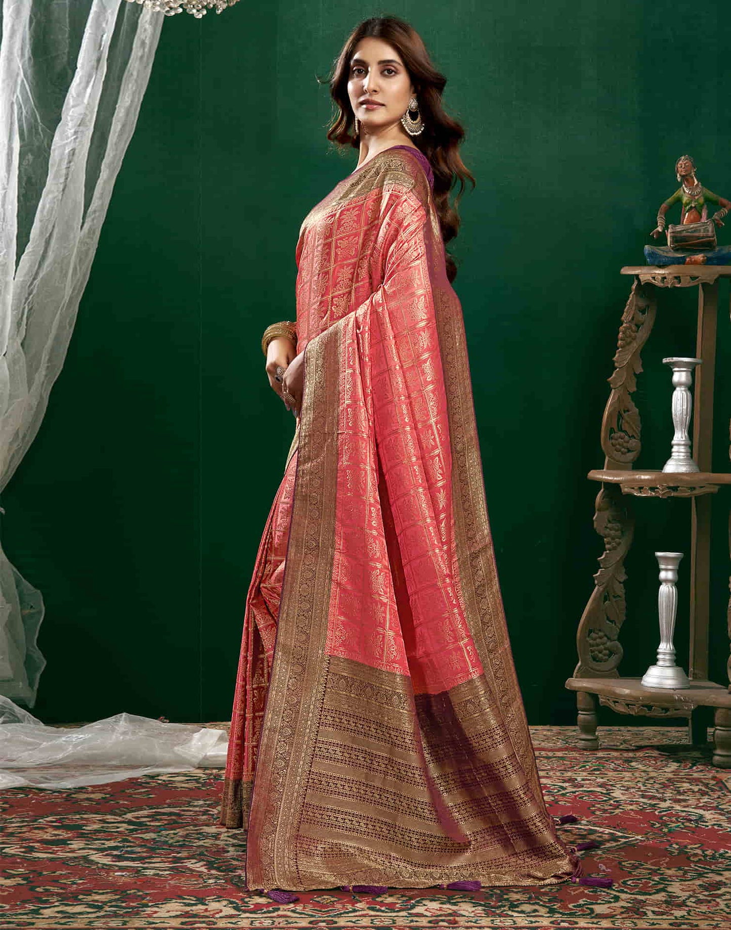Peach Satin Woven Banarasi Saree