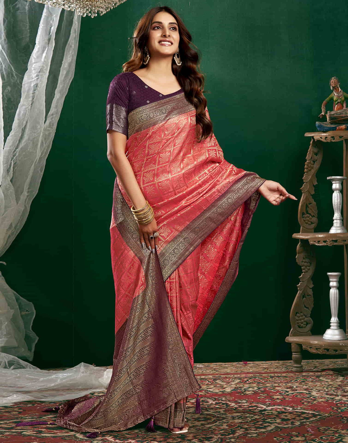 Peach Satin Woven Banarasi Saree