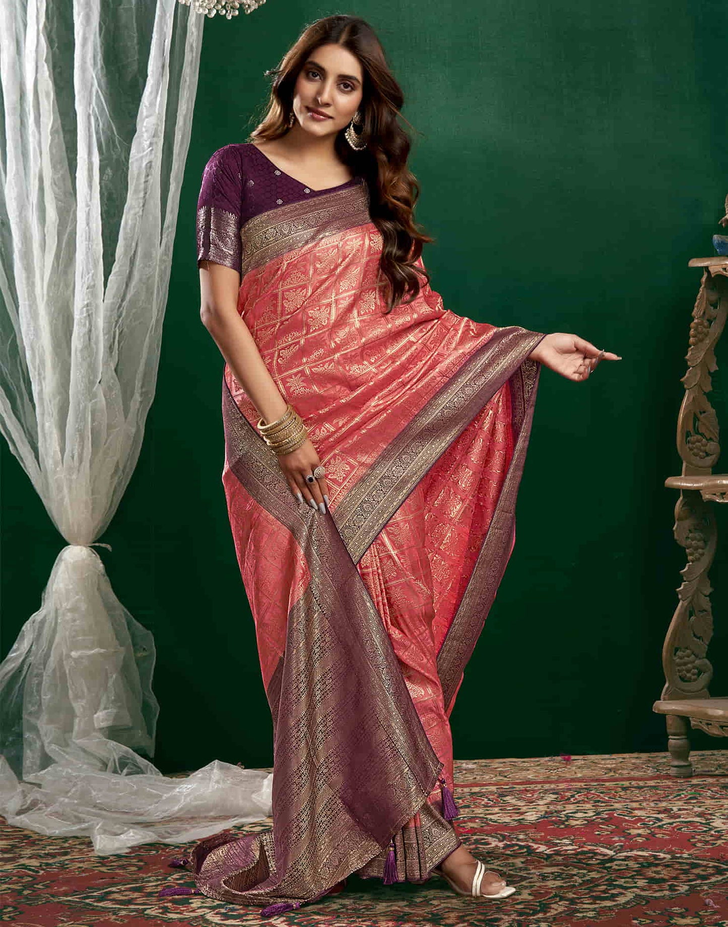 Peach Satin Woven Banarasi Saree
