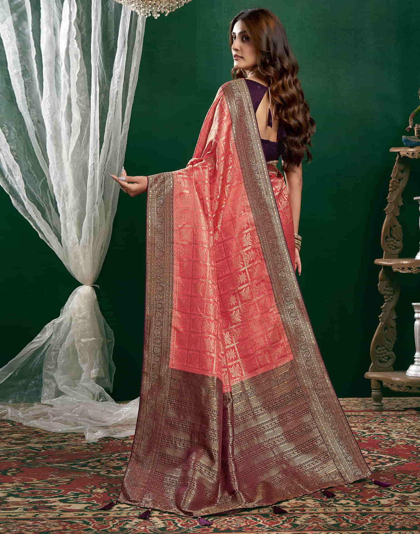 Peach Satin Woven Banarasi Saree