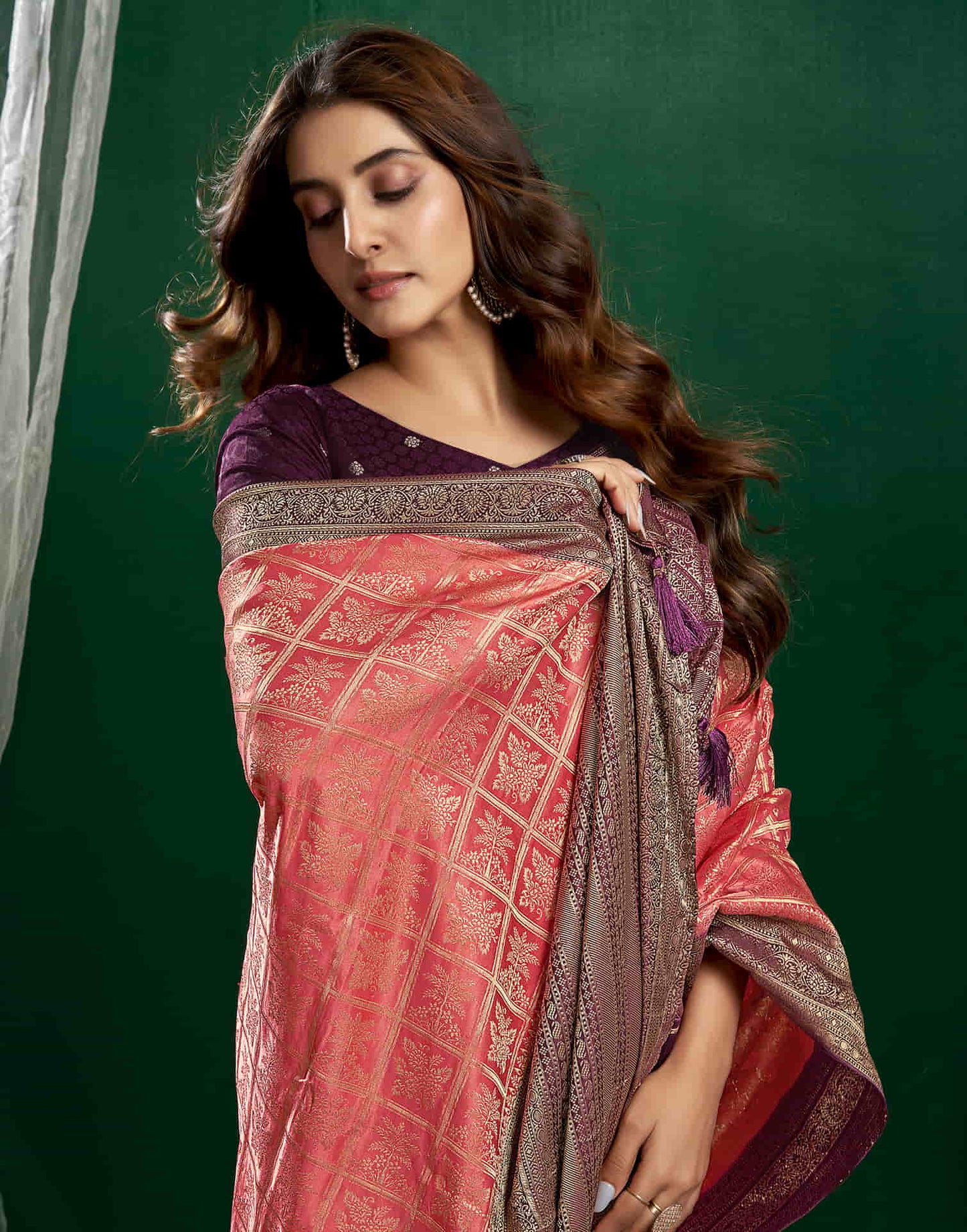 Peach Satin Woven Banarasi Saree