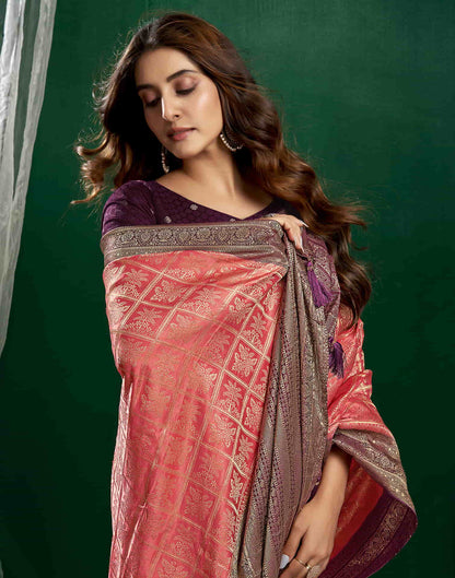 Peach Satin Woven Banarasi Saree